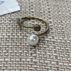 Matte Finish Brass Toned Faux Pearl Soft Peach Crystal Adjust Ring ViVi #19130